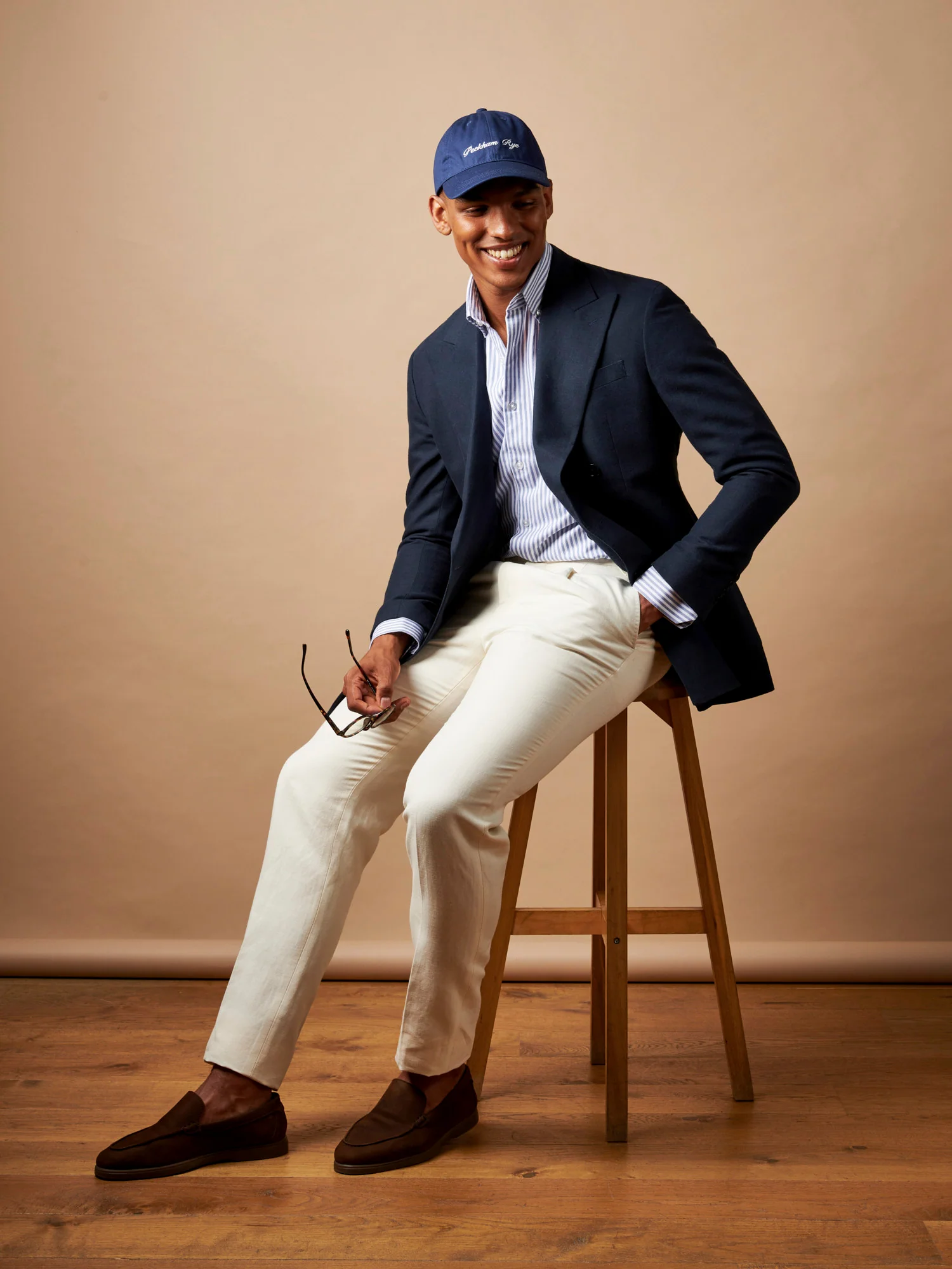 Linen Contemporary Linen Double Breasted Blazer Jacket in Navy Blue - Image 3