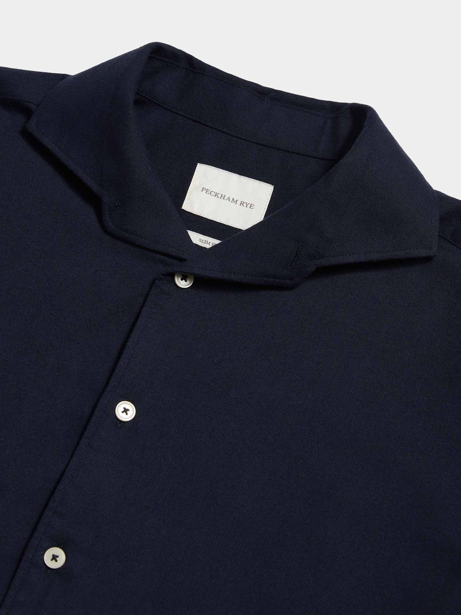 Flannel Herringbone Spread Collar Shirt in Dark Sapphire Navy - Image 7