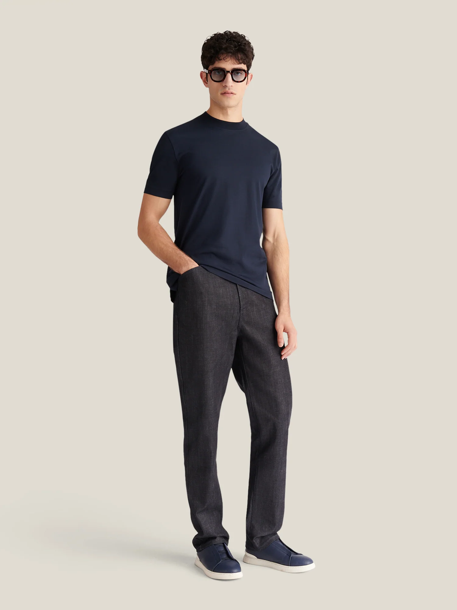 Devonshire Mercerised Cotton T-Shirt in Dark Sapphire Navy - Image 3